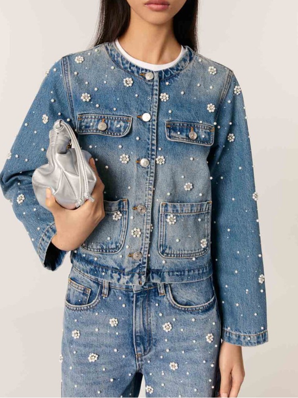 Maje Blue Faded Denim Embroidered Pearls Bead Flowers Rhinestone Jacket